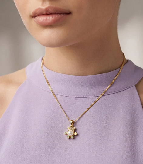 Gold Plated Teddy Bear Pearl Pendant Chain