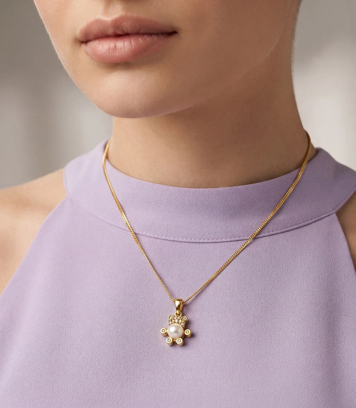 Gold Plated Teddy Bear Pearl Pendant Chain