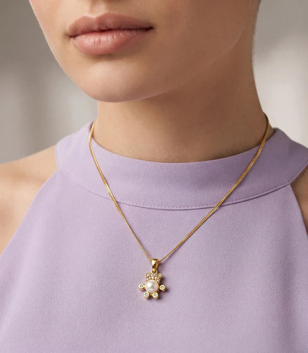 Gold Plated Teddy Bear Pearl Pendant Chain