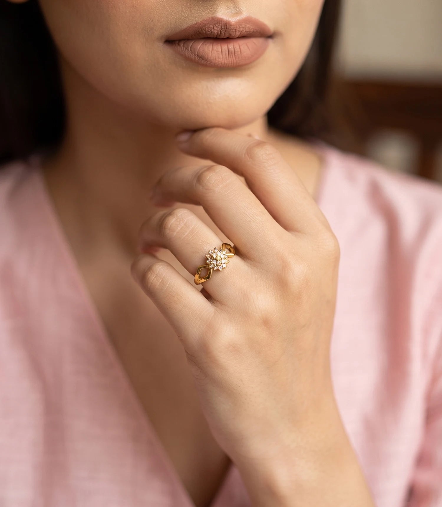 Gold Plated Aurelia Floral Crystal Adjustable Ring for Women