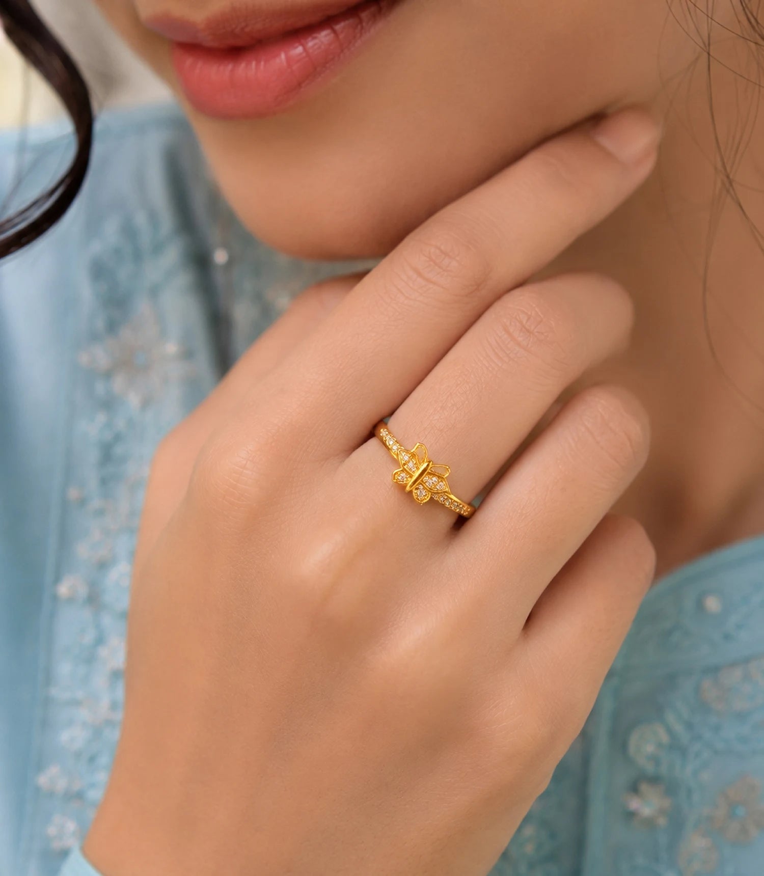 Gold Plated Butterfly Crystal Ring for Women