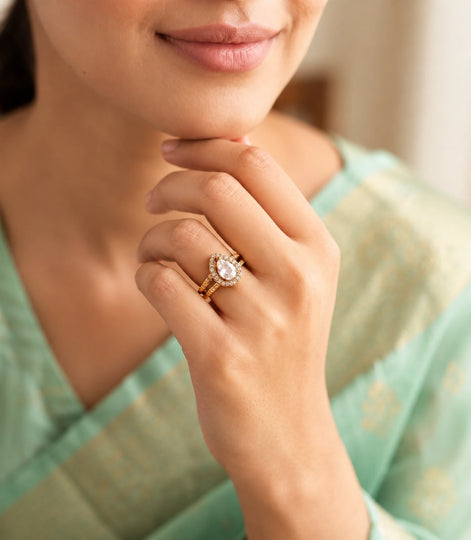 Gold Plated Pear-Cut White AD Finger Ring for Women