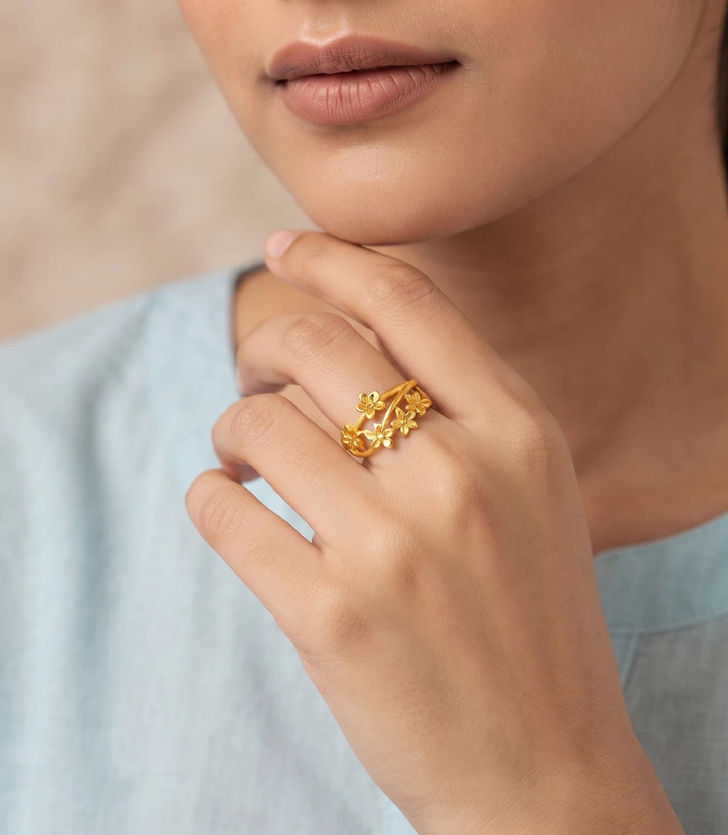 Gold Plated Elegant Floral Adjustable Finger Ring